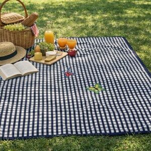Vintage Picnic Blanket Gingham Quilted Butterflies Blue Beach Tablecloth 64x52